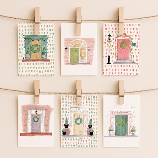 Beacon Hill Holiday Doors - Set of 8 Notecards | 4.25 x 5.5 Boston Christmas Notecards