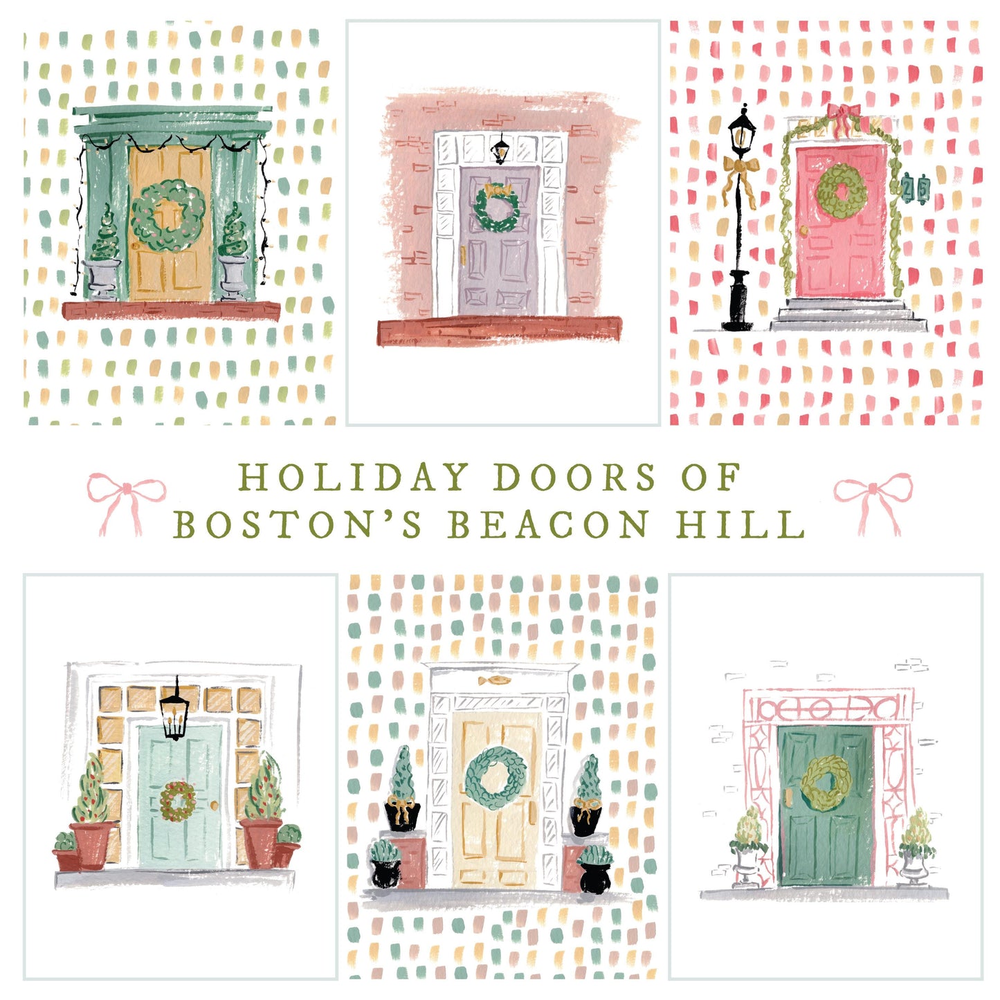 Beacon Hill Holiday Doors - Set of 8 Notecards | 4.25 x 5.5 Boston Christmas Notecards