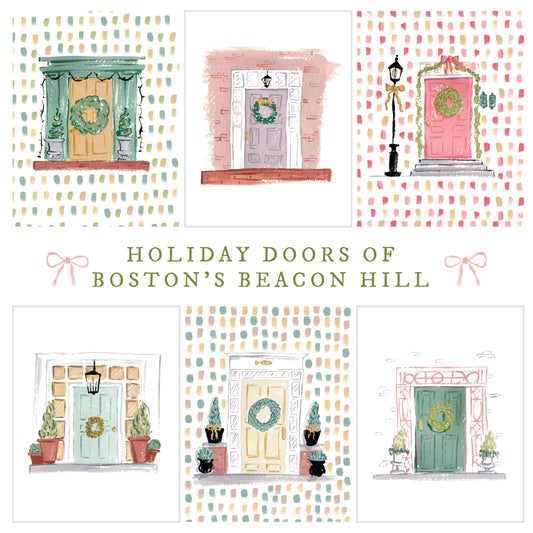 Beacon Hill Holiday Doors - Set of 8 Notecards | 4.25 x 5.5 Boston Christmas Notecards