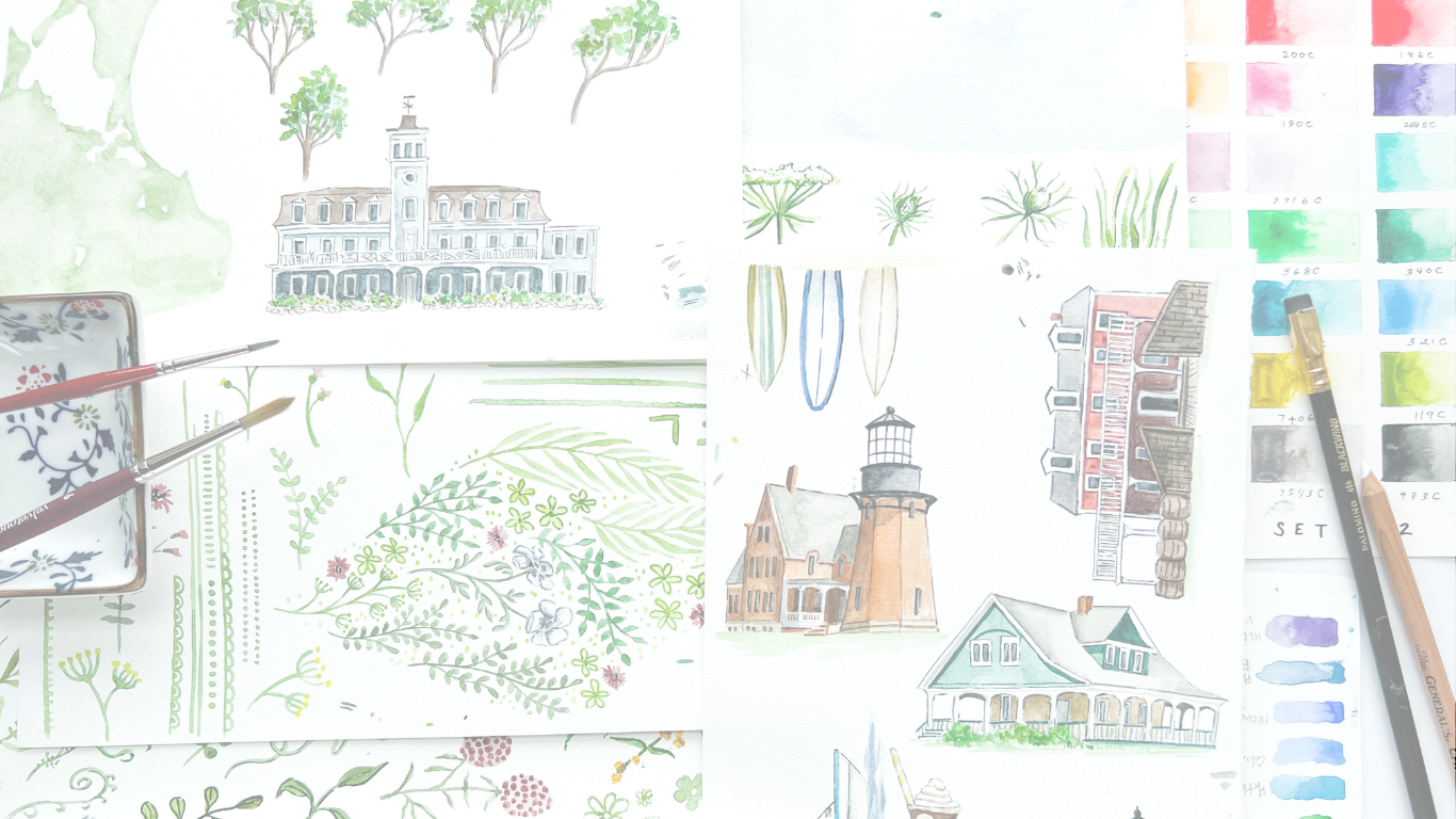 Vibrant watercolor illustrations of houses, trees, and nature elements with color swatches and paint brushes on a white background.